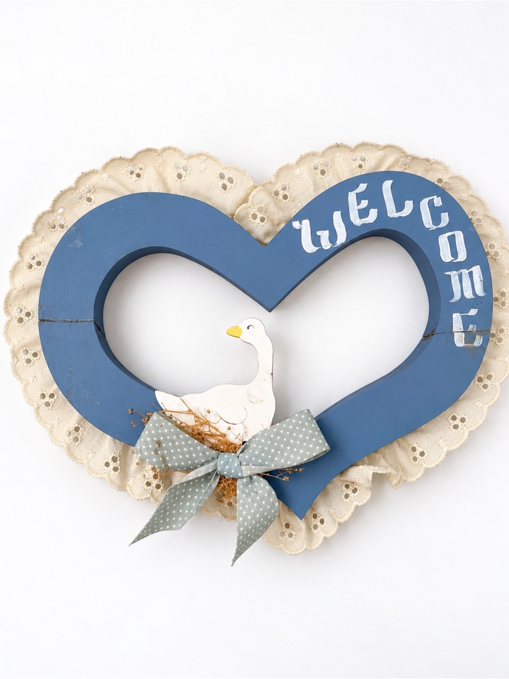 Blue Heart Welcome Goose Door Hanger Lace Bow Cottage Decor